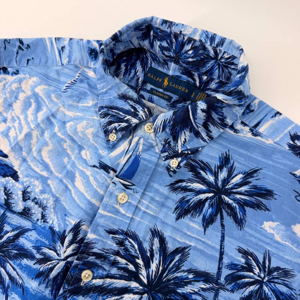 Ralph Lauren Button Down Shirt Mens LG Blue Tropical Scenic Classic Fit Cotton